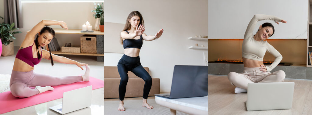 Woman enjoying Zumba online class at home with instructor on laptop screen