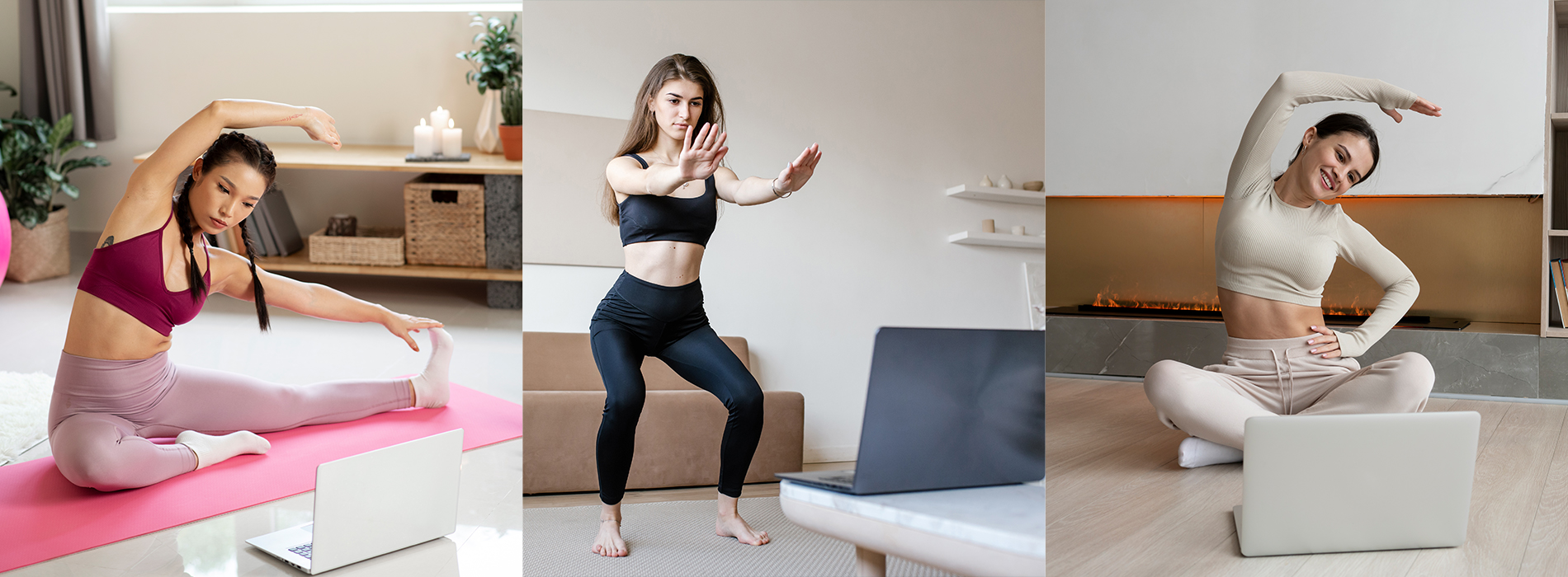 Woman enjoying Zumba online class at home with instructor on laptop screen