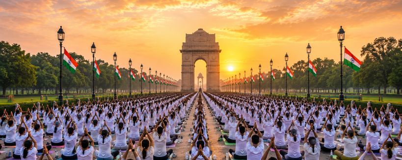 Banner image showing large group of people practising yoga on International Yoga Day 2026 across iconic locations in India — Rajpath Delhi, Rishikesh ghats, and Kerala backwaters
